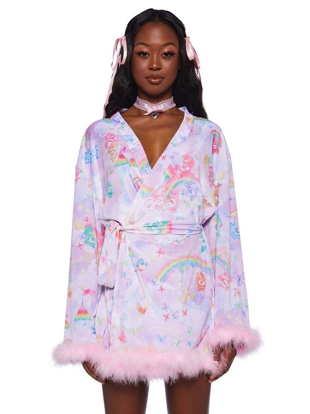 Dolls Kill x Care Bears Pastel Rainbow Satin Wrap Robe with Pink Marabou Hem